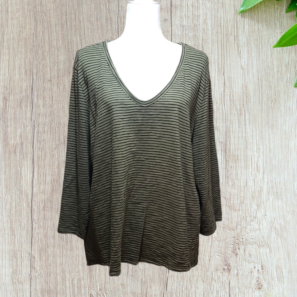 Chico's Olive Green and Black Stripe Ultimate Tee.